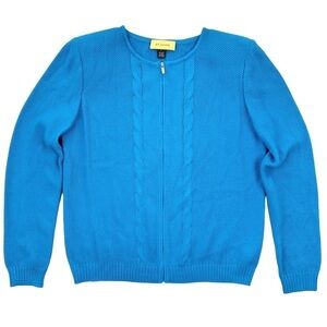 St. John blue zip cardigan cable knit sweater vintage aqua wool blend small